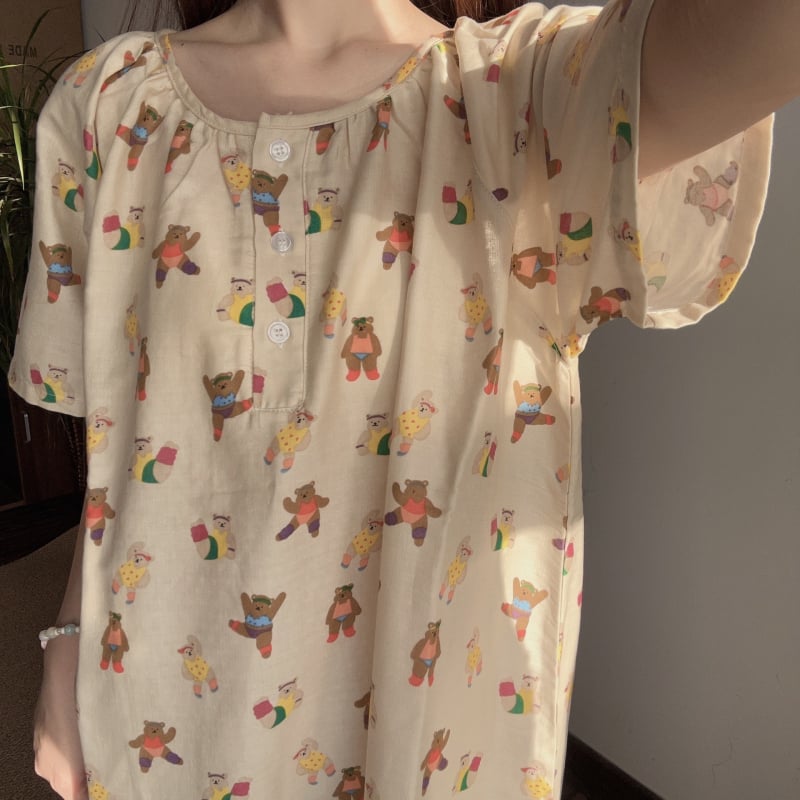 Νυχτικό από 100% βαμβάκι με μανίκια 3/4, διπλό στρώμα γάζας, λεπτό ύφασμα (121–140 g/m²) – γλυκό και χαριτωμένο για τη μητρότητα