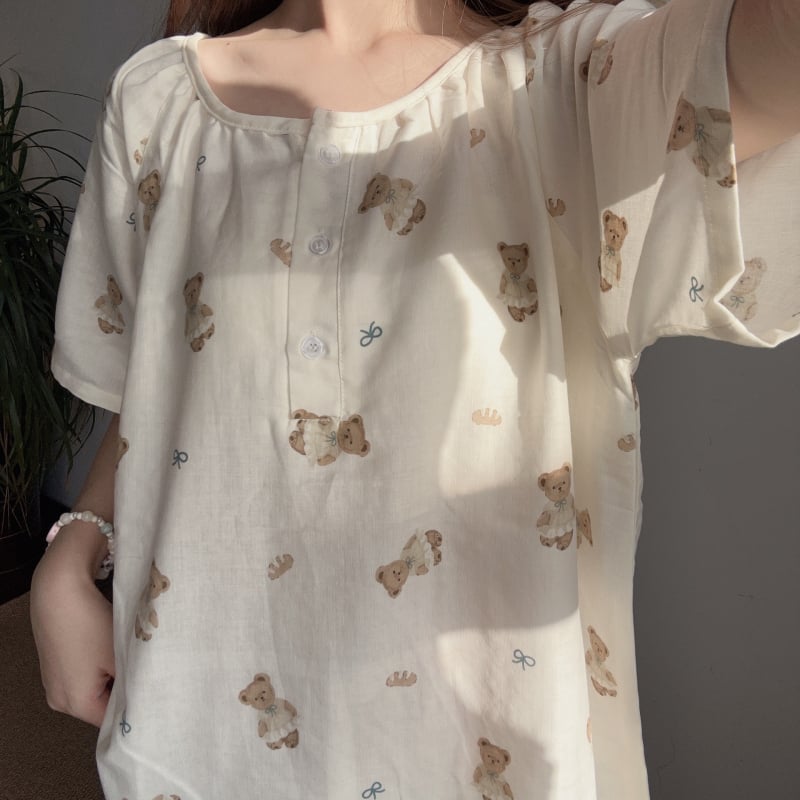 Νυχτικό από 100% βαμβάκι με μανίκια 3/4, διπλό στρώμα γάζας, λεπτό ύφασμα (121–140 g/m²) – γλυκό και χαριτωμένο για τη μητρότητα