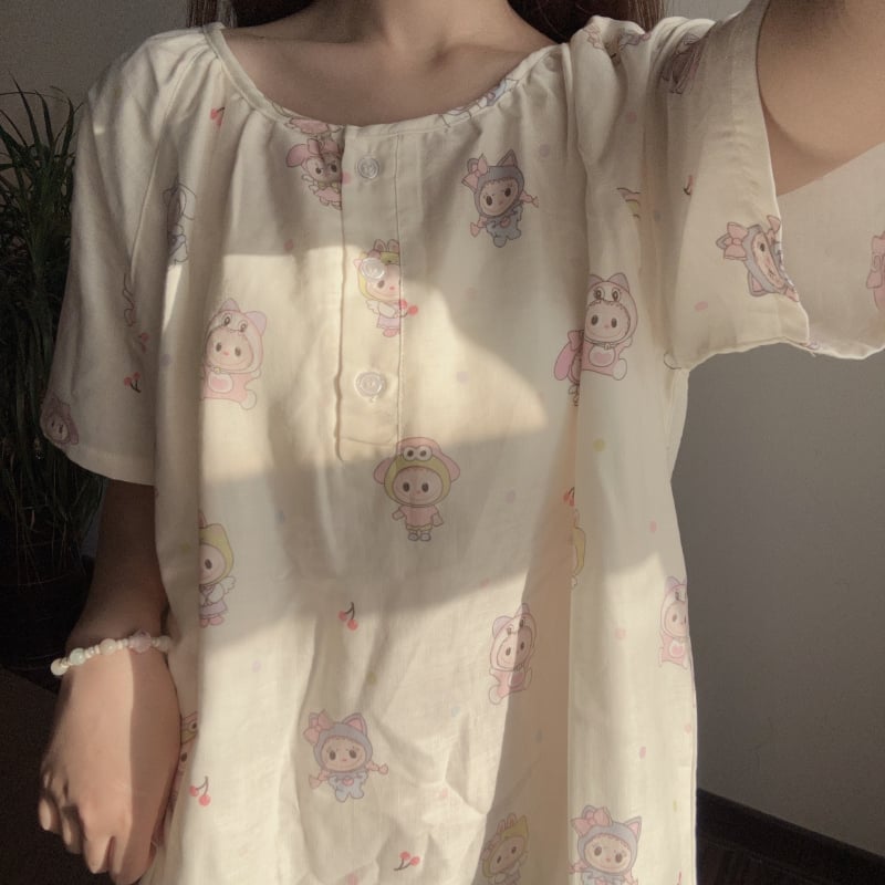 Νυχτικό από 100% βαμβάκι με μανίκια 3/4, διπλό στρώμα γάζας, λεπτό ύφασμα (121–140 g/m²) – γλυκό και χαριτωμένο για τη μητρότητα