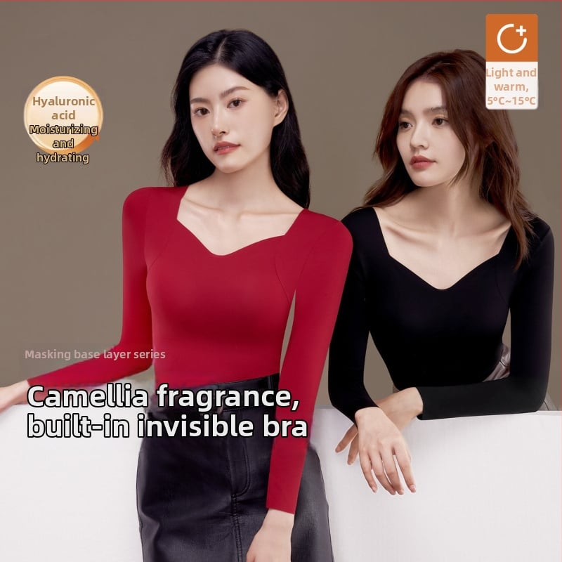 Moterų nailono terminis pagrindinis viršus su V kaklu, ilgomis rankovėmis, vienos spalvos, išlaiko šilumą