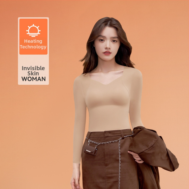 Moterų nailono terminis pagrindinis viršus su V kaklu, ilgomis rankovėmis, vienos spalvos, išlaiko šilumą