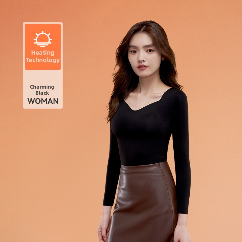 Moterų nailono terminis pagrindinis viršus su V kaklu, ilgomis rankovėmis, vienos spalvos, išlaiko šilumą