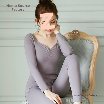 Ženski pamukasti termalni set za jesen — tanak osnovni sloj, gornji dio s okruglim izrezom i dugačke hlače, bezšivni dizajn, 90–95% pamuk, baršunasta podstava, 181–200 g/m²