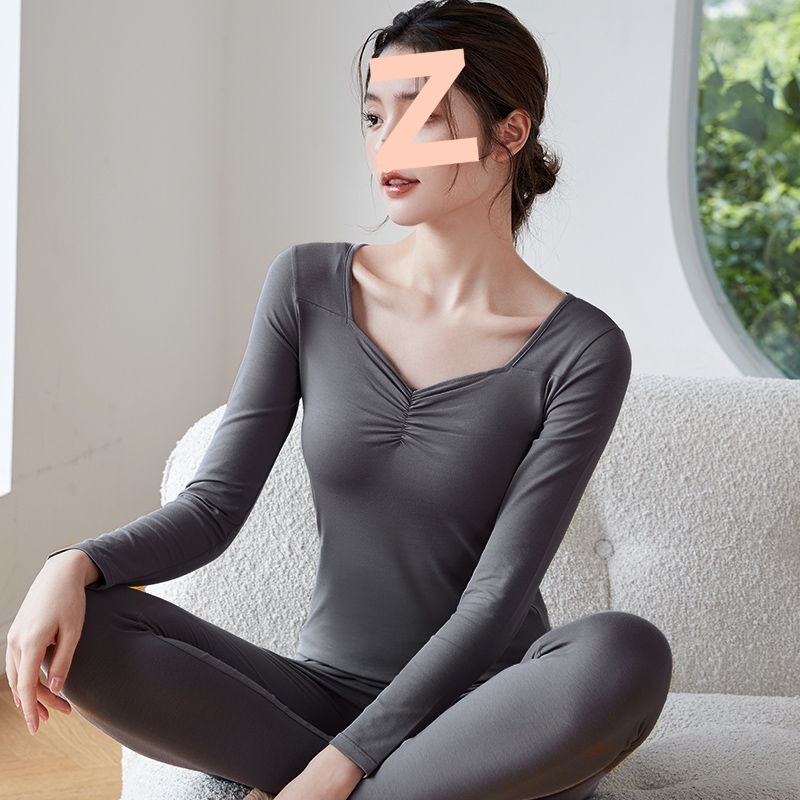 Ženski pamukasti termalni set za jesen — tanak osnovni sloj, gornji dio s okruglim izrezom i dugačke hlače, bezšivni dizajn, 90–95% pamuk, baršunasta podstava, 181–200 g/m²