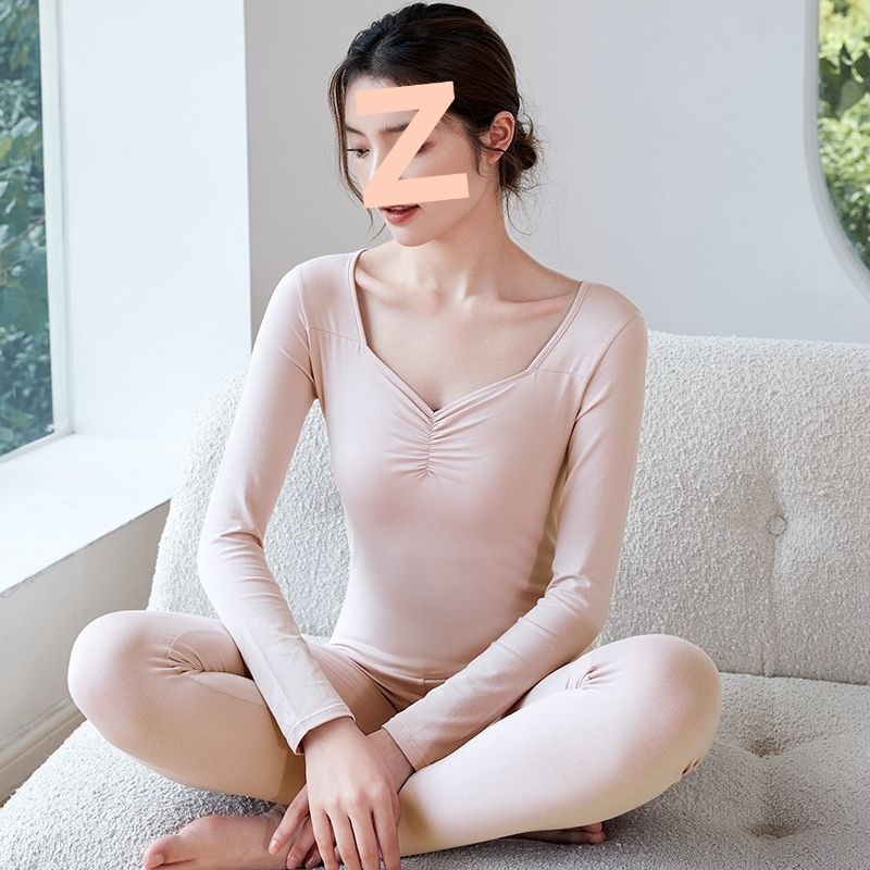 Ženski pamukasti termalni set za jesen — tanak osnovni sloj, gornji dio s okruglim izrezom i dugačke hlače, bezšivni dizajn, 90–95% pamuk, baršunasta podstava, 181–200 g/m²