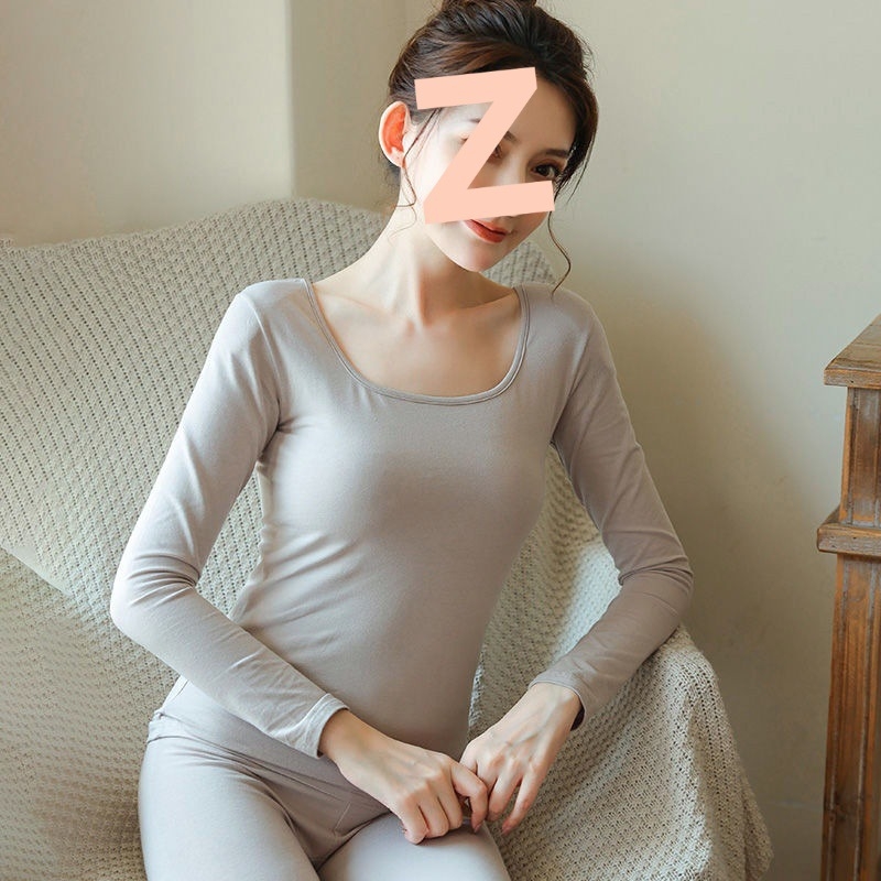 Ženski pamukasti termalni set za jesen — tanak osnovni sloj, gornji dio s okruglim izrezom i dugačke hlače, bezšivni dizajn, 90–95% pamuk, baršunasta podstava, 181–200 g/m²