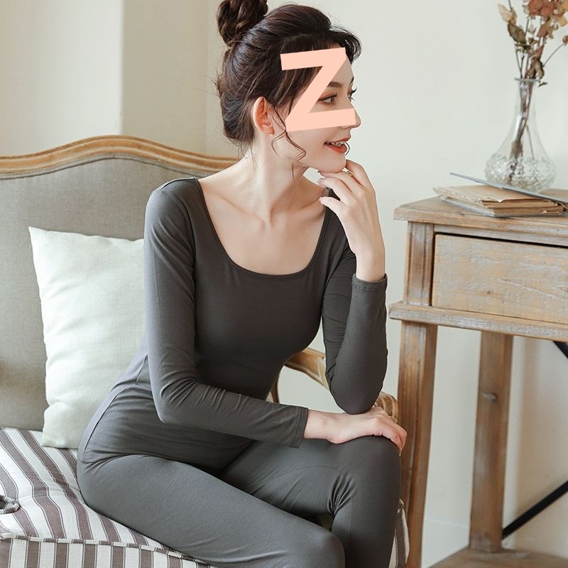 Ženski pamukasti termalni set za jesen — tanak osnovni sloj, gornji dio s okruglim izrezom i dugačke hlače, bezšivni dizajn, 90–95% pamuk, baršunasta podstava, 181–200 g/m²