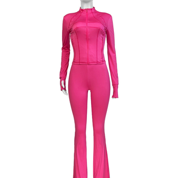 Костюм от две части с квилиран плат, дълги ръкави, едноцветен полиестер-спандекс, есен 2024, елегантен градски стил