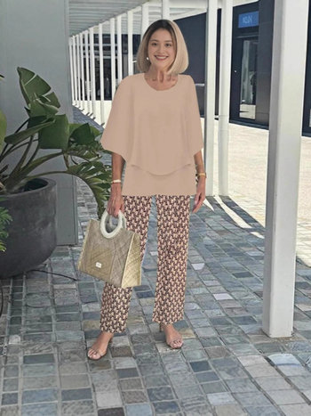 Дамски костюм с панталони и топ с флорален принт, шифон и полиестер, кръгло деколте, 3/4 ръкави с разширени ръкави, минималистичен стил, пролет-лято 2025