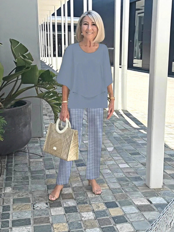 Дамски костюм с панталони и топ с флорален принт, шифон и полиестер, кръгло деколте, 3/4 ръкави с разширени ръкави, минималистичен стил, пролет-лято 2025