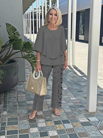 Дамски костюм с панталони и топ с флорален принт, шифон и полиестер, кръгло деколте, 3/4 ръкави с разширени ръкави, минималистичен стил, пролет-лято 2025