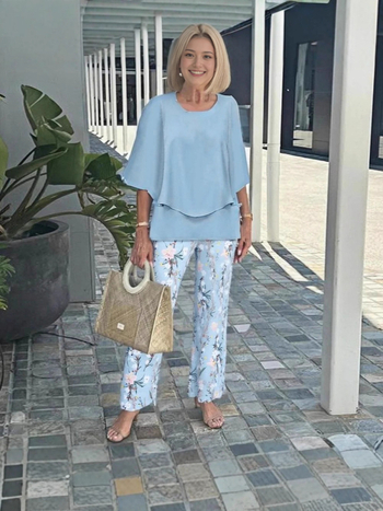 Дамски костюм с панталони и топ с флорален принт, шифон и полиестер, кръгло деколте, 3/4 ръкави с разширени ръкави, минималистичен стил, пролет-лято 2025