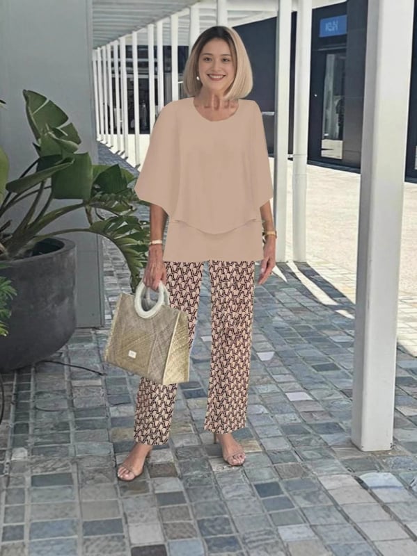 Дамски костюм с панталони и топ с флорален принт, шифон и полиестер, кръгло деколте, 3/4 ръкави с разширени ръкави, минималистичен стил, пролет-лято 2025