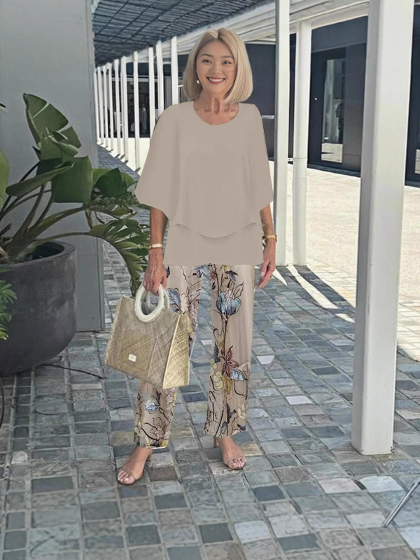 Дамски костюм с панталони и топ с флорален принт, шифон и полиестер, кръгло деколте, 3/4 ръкави с разширени ръкави, минималистичен стил, пролет-лято 2025