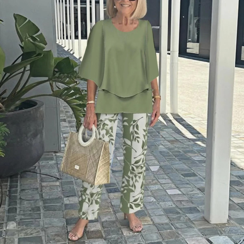 Дамски костюм с панталони и топ с флорален принт, шифон и полиестер, кръгло деколте, 3/4 ръкави с разширени ръкави, минималистичен стил, пролет-лято 2025