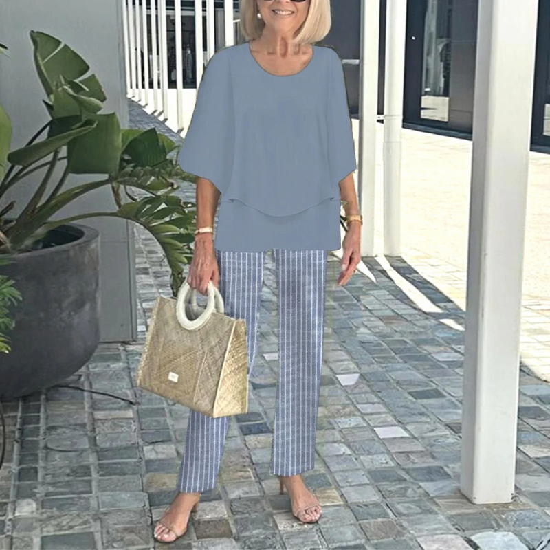 Дамски костюм с панталони и топ с флорален принт, шифон и полиестер, кръгло деколте, 3/4 ръкави с разширени ръкави, минималистичен стил, пролет-лято 2025