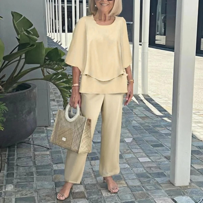 Дамски костюм с панталони и топ с флорален принт, шифон и полиестер, кръгло деколте, 3/4 ръкави с разширени ръкави, минималистичен стил, пролет-лято 2025