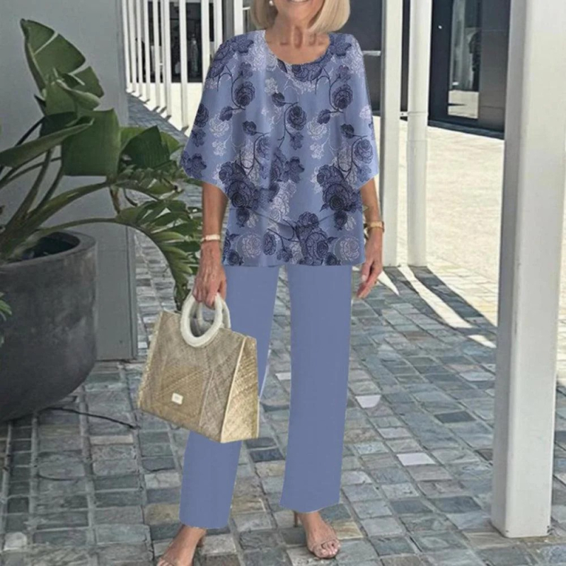 Дамски костюм с панталони и топ с флорален принт, шифон и полиестер, кръгло деколте, 3/4 ръкави с разширени ръкави, минималистичен стил, пролет-лято 2025