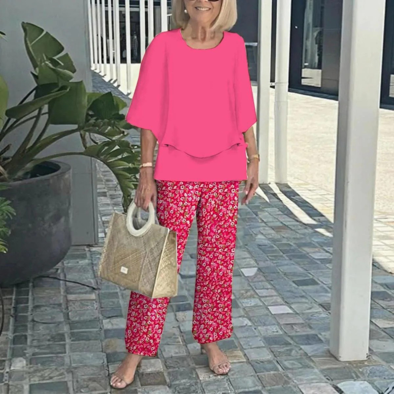 Дамски костюм с панталони и топ с флорален принт, шифон и полиестер, кръгло деколте, 3/4 ръкави с разширени ръкави, минималистичен стил, пролет-лято 2025