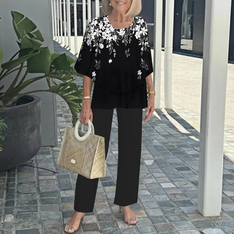 Дамски костюм с панталони и топ с флорален принт, шифон и полиестер, кръгло деколте, 3/4 ръкави с разширени ръкави, минималистичен стил, пролет-лято 2025