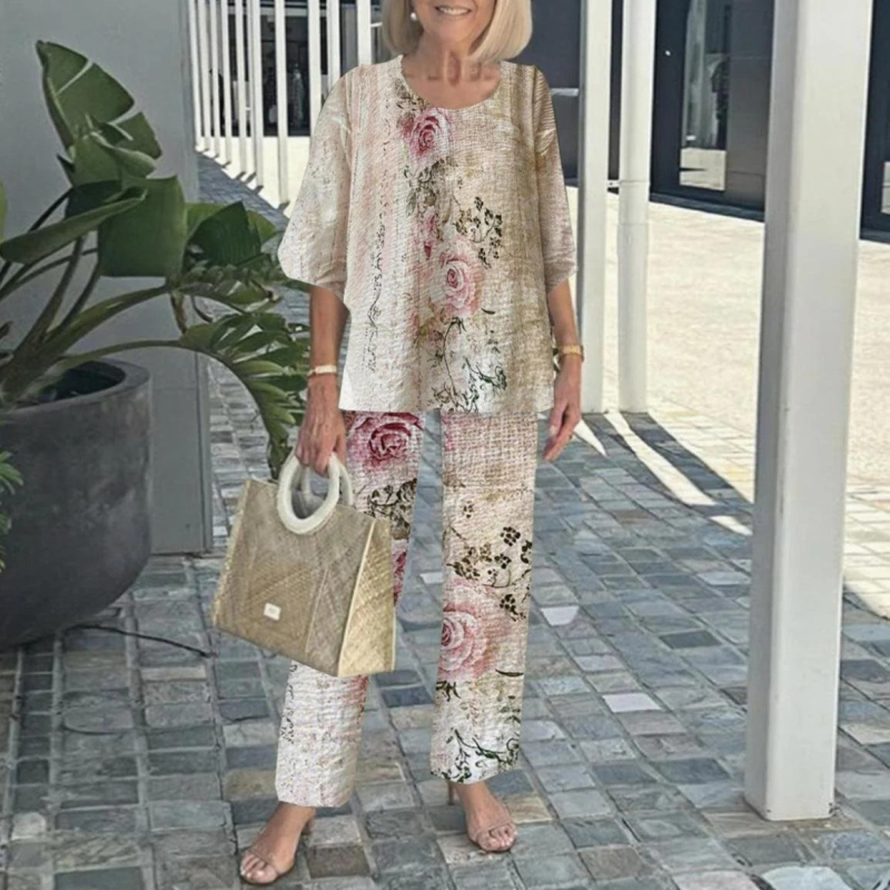 Дамски костюм с панталони и топ с флорален принт, шифон и полиестер, кръгло деколте, 3/4 ръкави с разширени ръкави, минималистичен стил, пролет-лято 2025