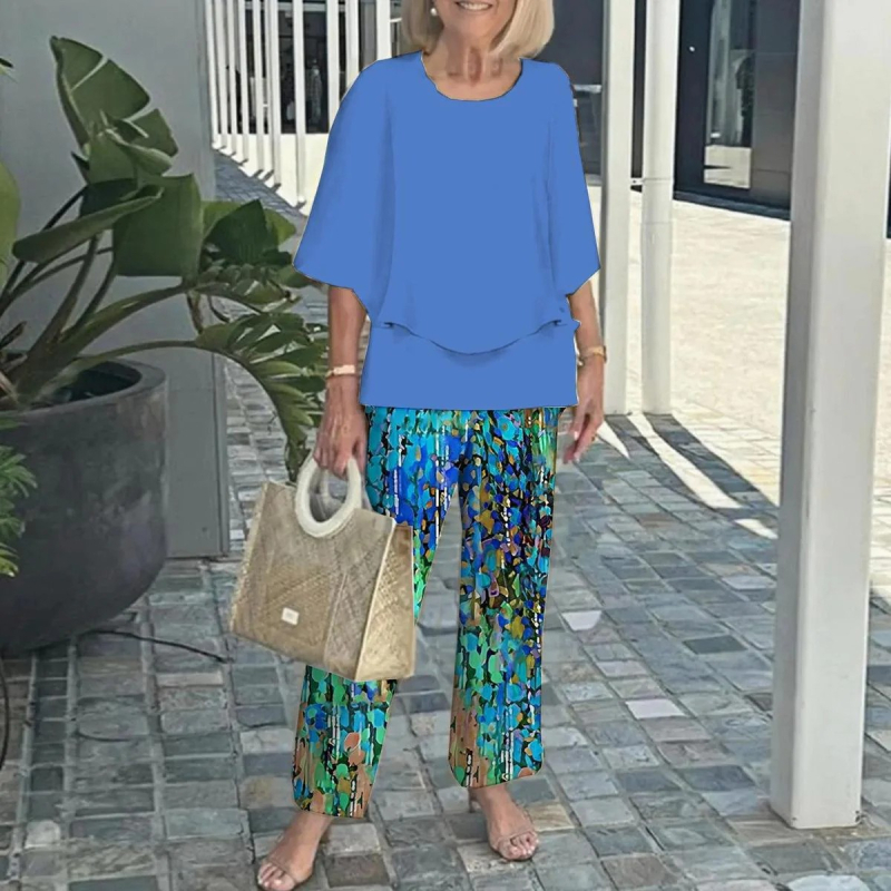 Дамски костюм с панталони и топ с флорален принт, шифон и полиестер, кръгло деколте, 3/4 ръкави с разширени ръкави, минималистичен стил, пролет-лято 2025