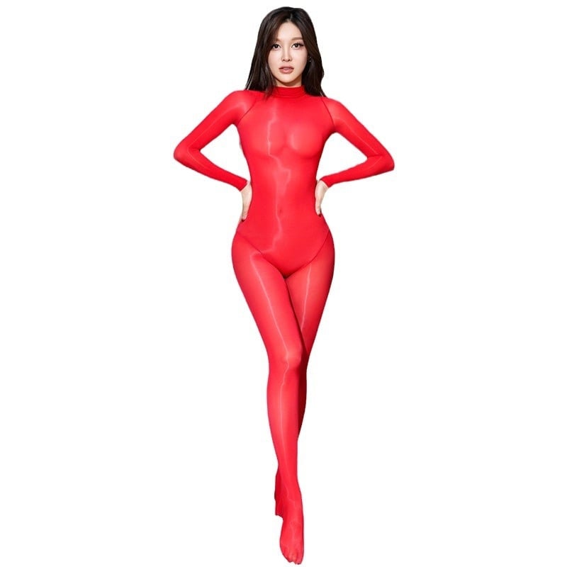 Bezšivni cijeli tijelo bodi s visokim ovratnikom, sjajni 5D najlon, unisex seksi catsuit