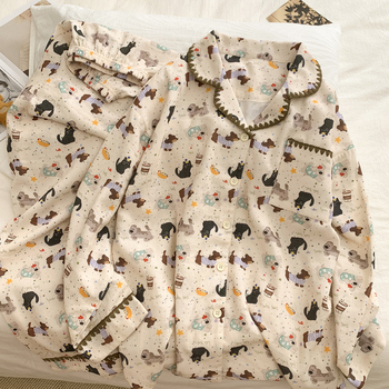 Ženski pidžama set, INS stil kardigan s otiskom mačke, 100% pamuk, ovratnik, dugi rukavi