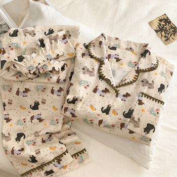 Ženski pidžama set, INS stil kardigan s otiskom mačke, 100% pamuk, ovratnik, dugi rukavi