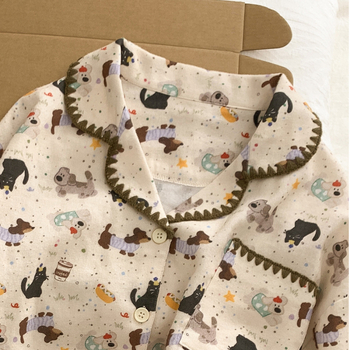 Ženski pidžama set, INS stil kardigan s otiskom mačke, 100% pamuk, ovratnik, dugi rukavi