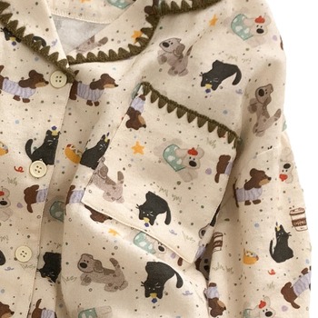 Ženski pidžama set, INS stil kardigan s otiskom mačke, 100% pamuk, ovratnik, dugi rukavi