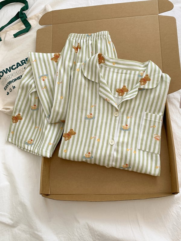 Ženski pidžama set, INS stil kardigan s otiskom mačke, 100% pamuk, ovratnik, dugi rukavi