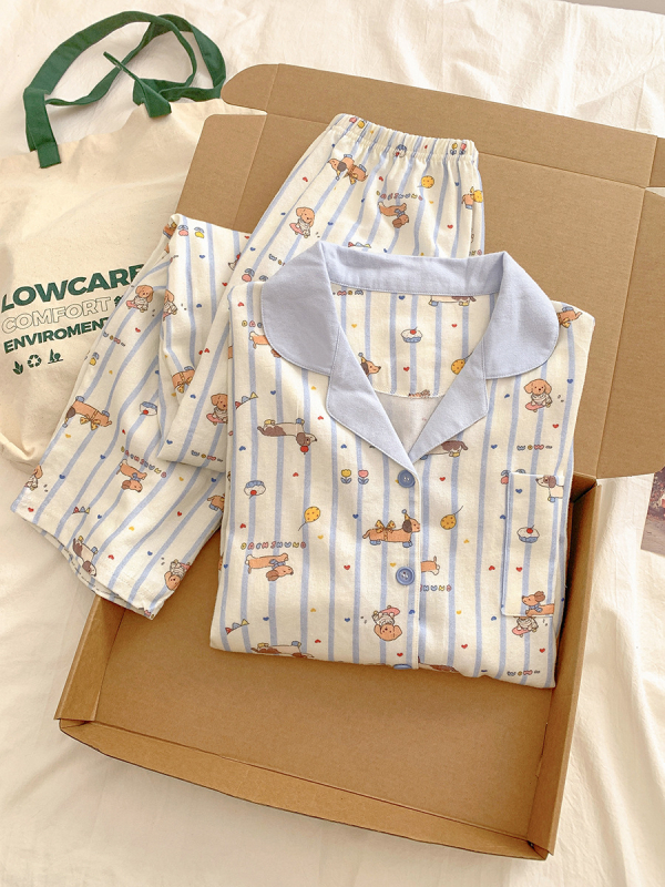 Ženski pidžama set, INS stil kardigan s otiskom mačke, 100% pamuk, ovratnik, dugi rukavi