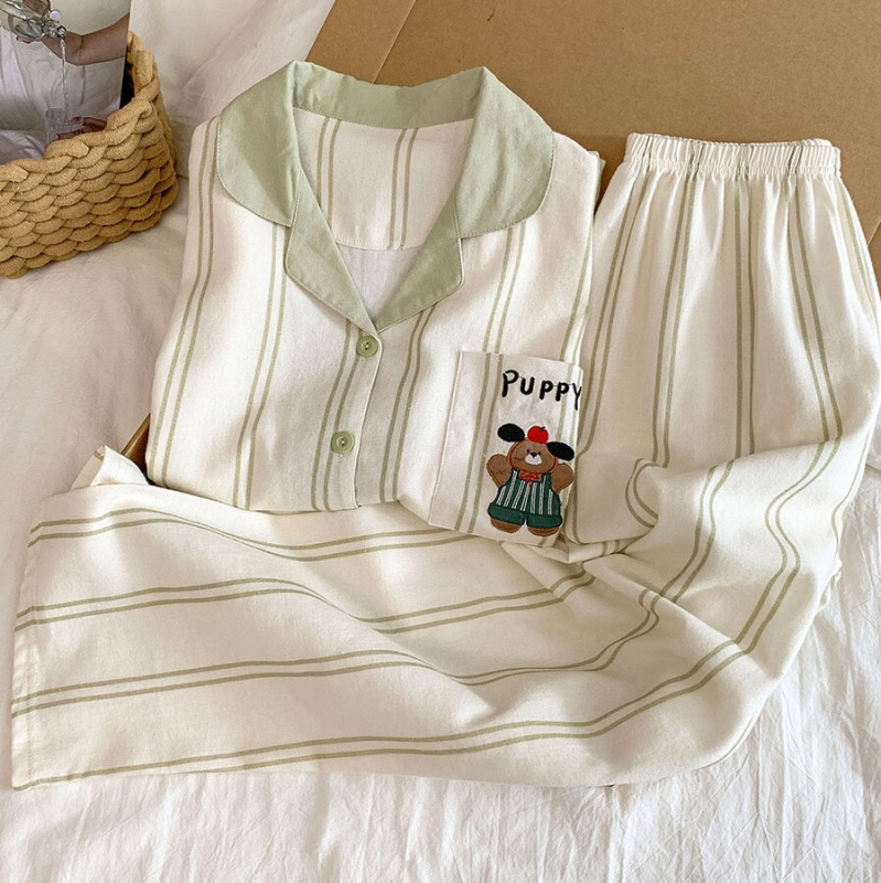 Ženski pidžama set, INS stil kardigan s otiskom mačke, 100% pamuk, ovratnik, dugi rukavi