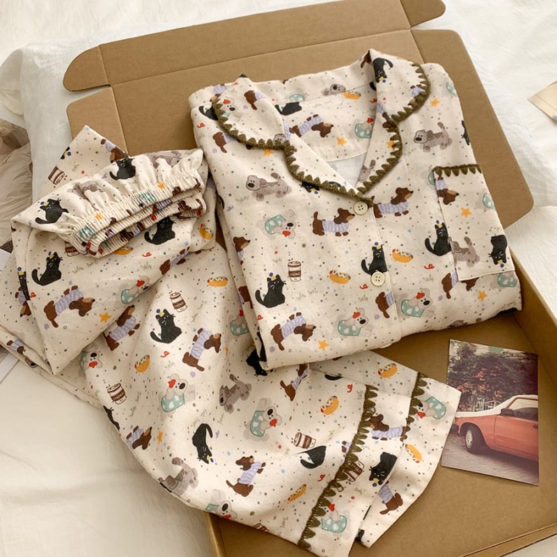 Ženski pidžama set, INS stil kardigan s otiskom mačke, 100% pamuk, ovratnik, dugi rukavi