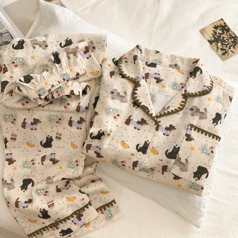 Ženski pidžama set, INS stil kardigan s otiskom mačke, 100% pamuk, ovratnik, dugi rukavi