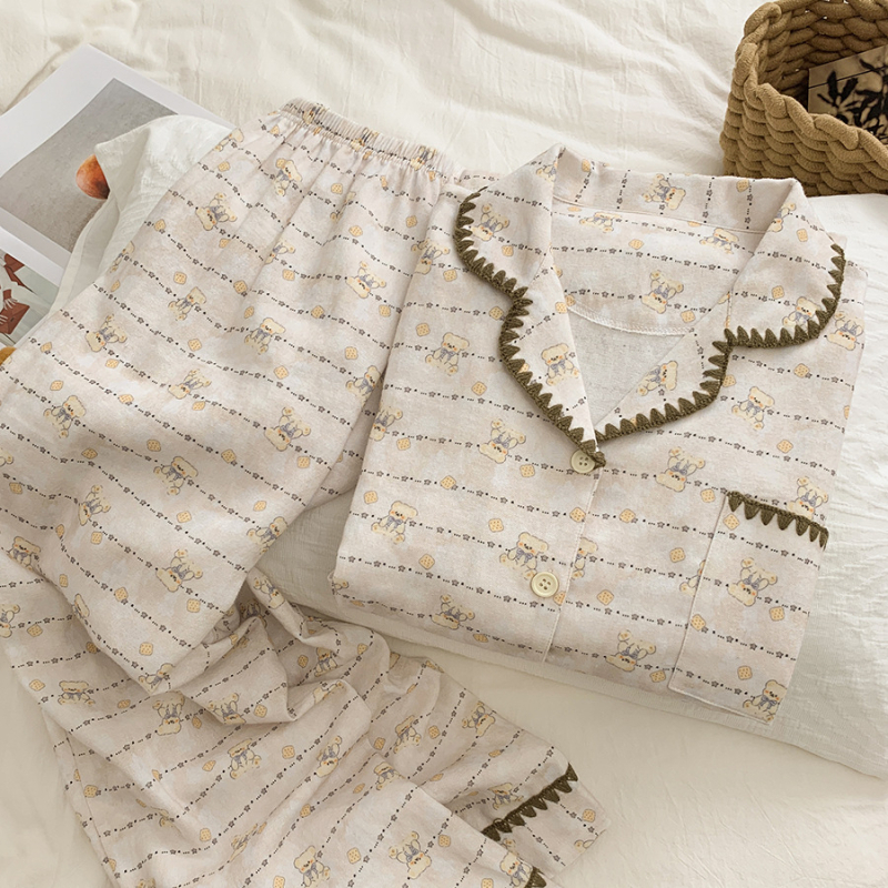 Ženski pidžama set, INS stil kardigan s otiskom mačke, 100% pamuk, ovratnik, dugi rukavi