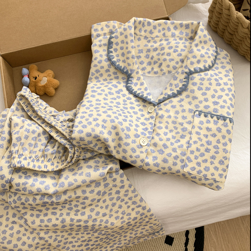 Ženski pidžama set, INS stil kardigan s otiskom mačke, 100% pamuk, ovratnik, dugi rukavi