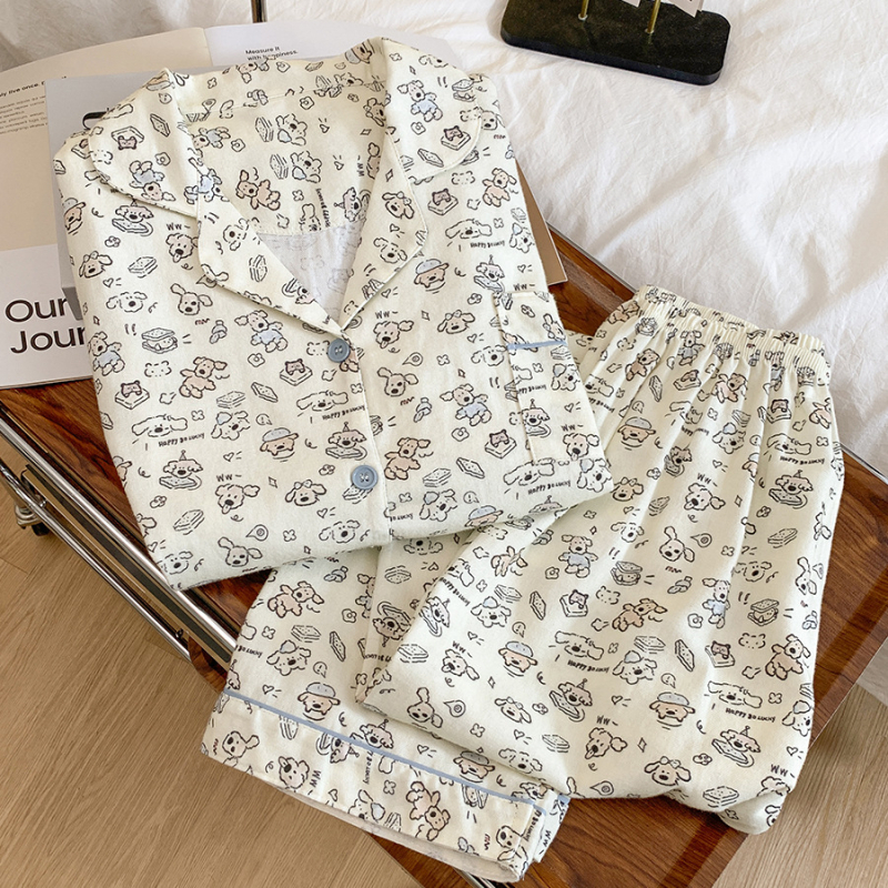 Ženski pidžama set, INS stil kardigan s otiskom mačke, 100% pamuk, ovratnik, dugi rukavi