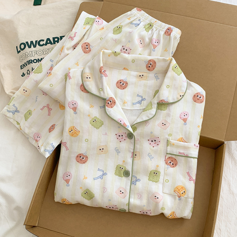 Ženski pidžama set, INS stil kardigan s otiskom mačke, 100% pamuk, ovratnik, dugi rukavi