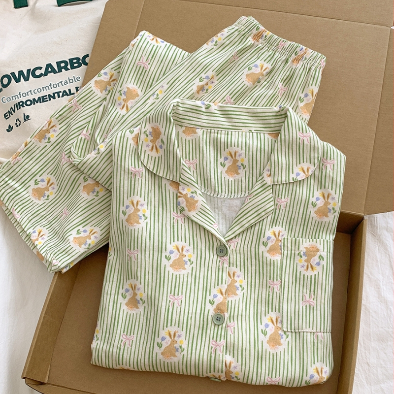 Ženski pidžama set, INS stil kardigan s otiskom mačke, 100% pamuk, ovratnik, dugi rukavi