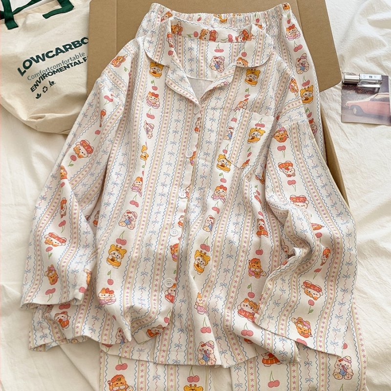 Ženski pidžama set, INS stil kardigan s otiskom mačke, 100% pamuk, ovratnik, dugi rukavi