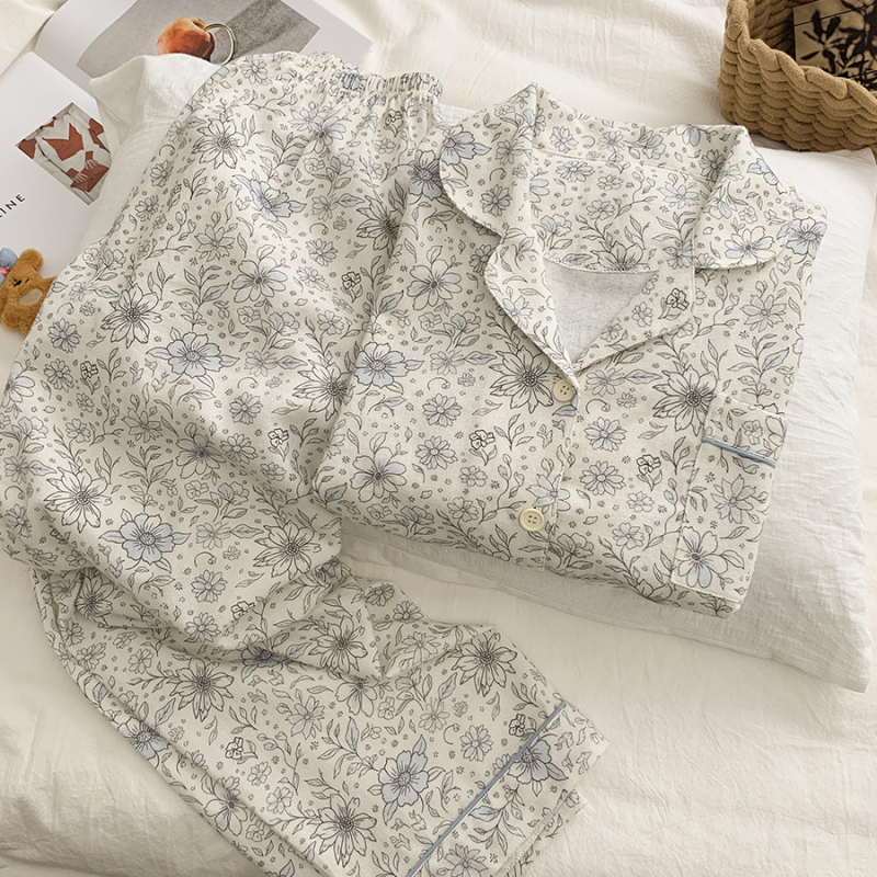 Ženski pidžama set, INS stil kardigan s otiskom mačke, 100% pamuk, ovratnik, dugi rukavi