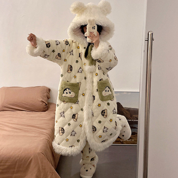 Pidžāmas halāts ar karikatūras stilu, kabatām un pogām – ārkārtīgi bieza 501–600 g/m2, saglabā siltumu, pavasaris 2025