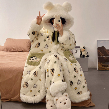 Pidžāmas halāts ar karikatūras stilu, kabatām un pogām – ārkārtīgi bieza 501–600 g/m2, saglabā siltumu, pavasaris 2025