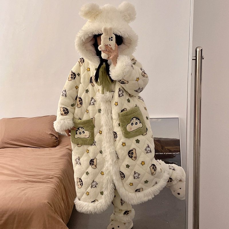 Pidžāmas halāts ar karikatūras stilu, kabatām un pogām – ārkārtīgi bieza 501–600 g/m2, saglabā siltumu, pavasaris 2025