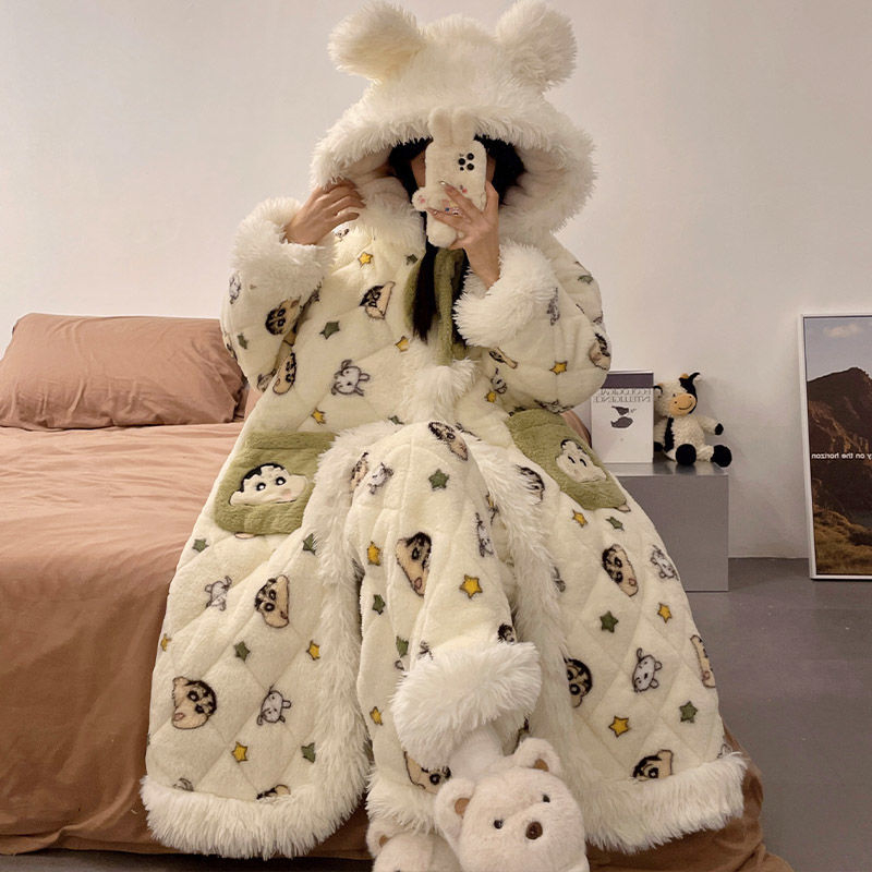 Pidžāmas halāts ar karikatūras stilu, kabatām un pogām – ārkārtīgi bieza 501–600 g/m2, saglabā siltumu, pavasaris 2025