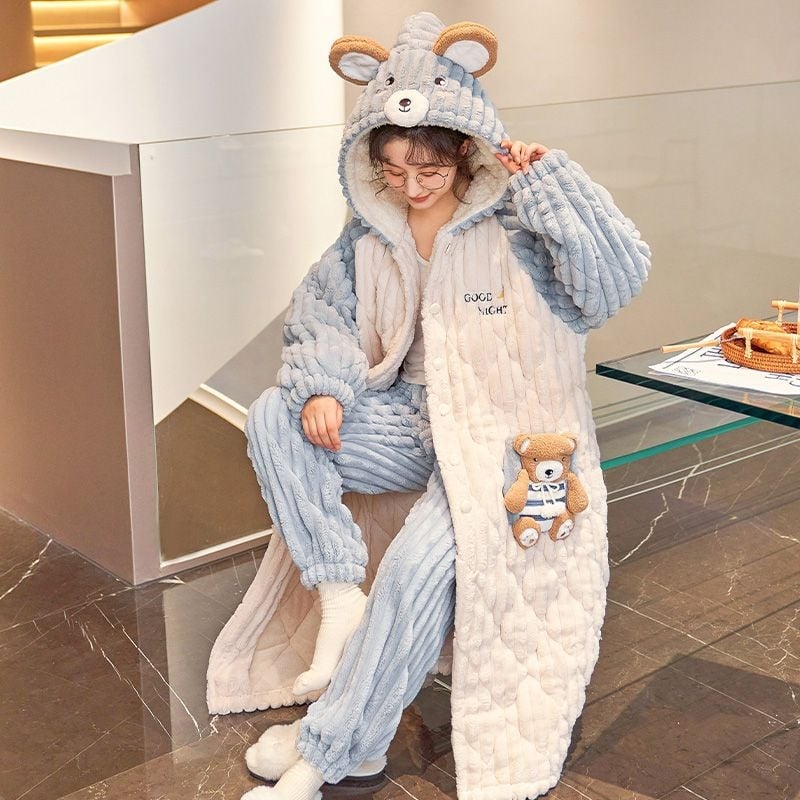 Pidžāmas halāts ar karikatūras stilu, kabatām un pogām – ārkārtīgi bieza 501–600 g/m2, saglabā siltumu, pavasaris 2025