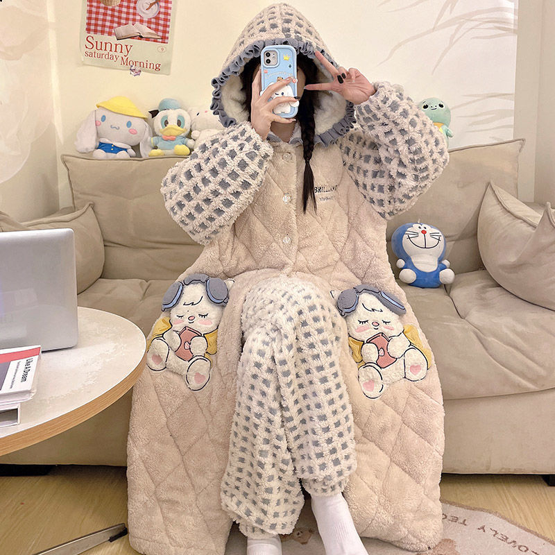 Pidžāmas halāts ar karikatūras stilu, kabatām un pogām – ārkārtīgi bieza 501–600 g/m2, saglabā siltumu, pavasaris 2025