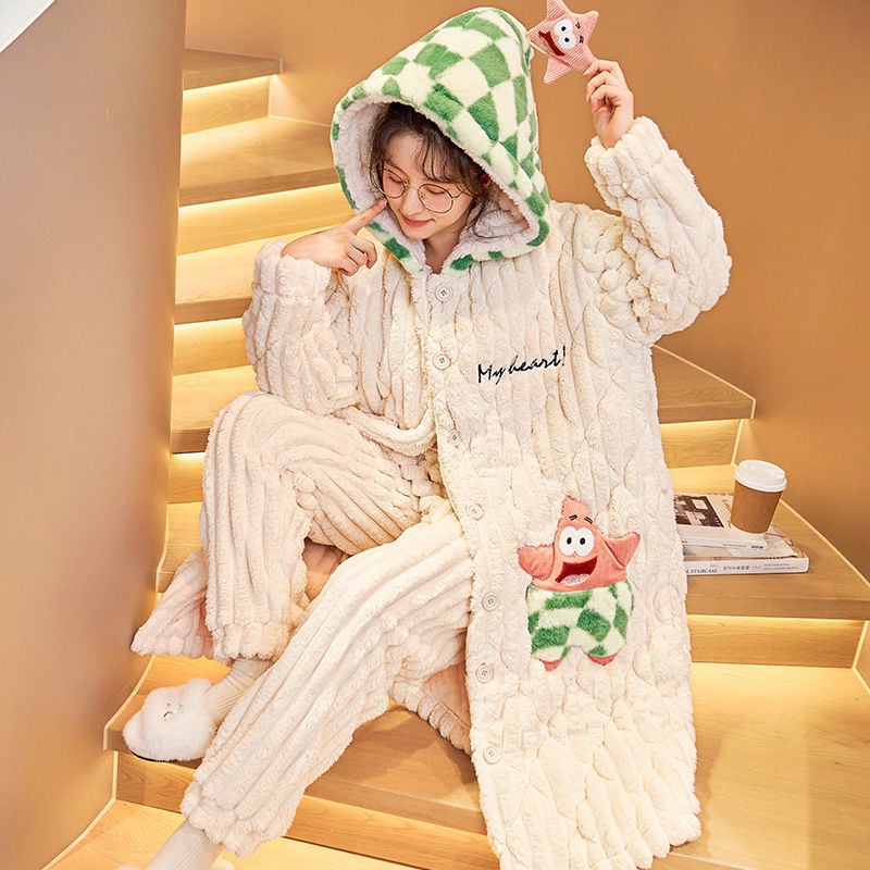 Pidžāmas halāts ar karikatūras stilu, kabatām un pogām – ārkārtīgi bieza 501–600 g/m2, saglabā siltumu, pavasaris 2025